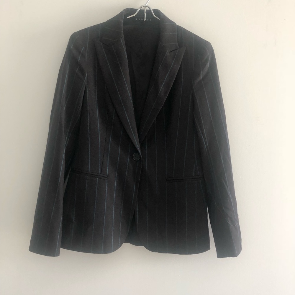 Theory wool dark gray blazer with blue stripes